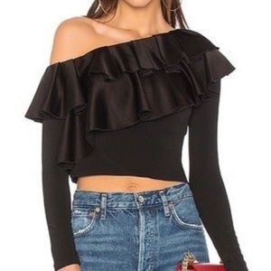 Alice + Olivia Cropped Ruffled Blouse asymmetric neckline Top size 2